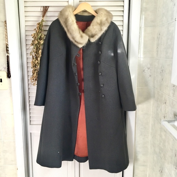 {Vintage} Grey Wool Fur Lined Collar Long Coat 7/8